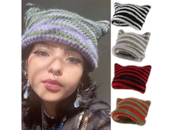 2026-gorro De Lana Tejido A Mano Con Orecas De Gato Y Cuernos Diabólicos Para Mujer, Calientito Invierno, Regalo Halloween