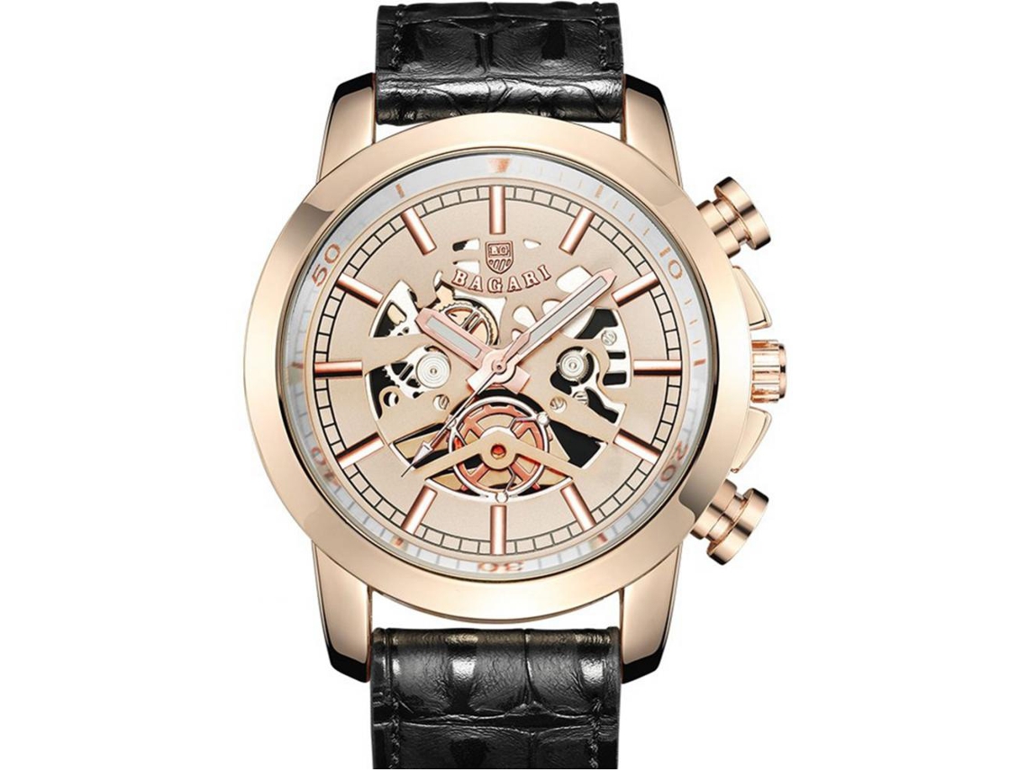 Reloj Hombre De Cuarzo Resistente Al Agua Con Correa De Cuero Pu Y Esfera Hueca (oro Rosa Negro)