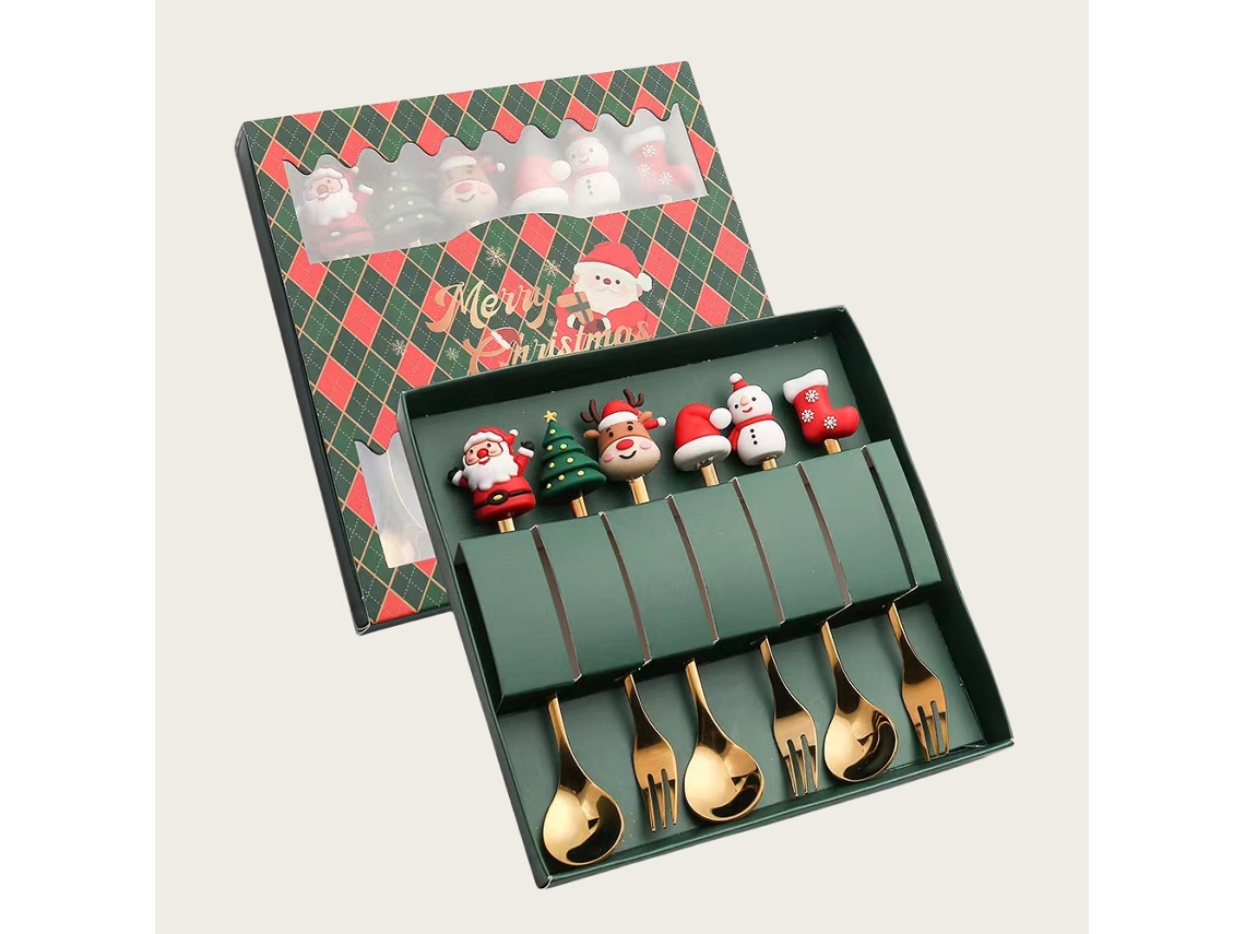 Juego de cubiertos navideños de acero inoxidable, cuchara de café, tenedor, 6 piezas, dorado (b)