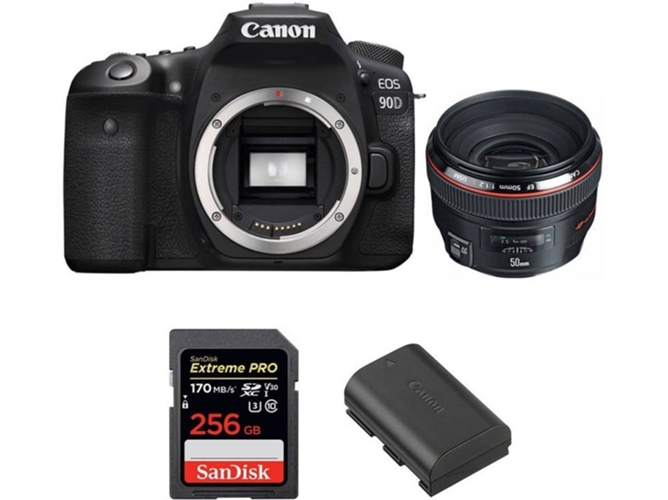 Kit Cámara Reflex CANON EOS 90D + EF 50mm f/1.2L USM + SanDisk 256 GB + Batería (APS-C)
