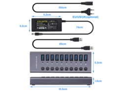 985a Concentrador Splitter De 10 Puertos Usb 3.0 Con Interruptores Estación De Acoplamiento Con Adaptador De Alimentación 12v 5a