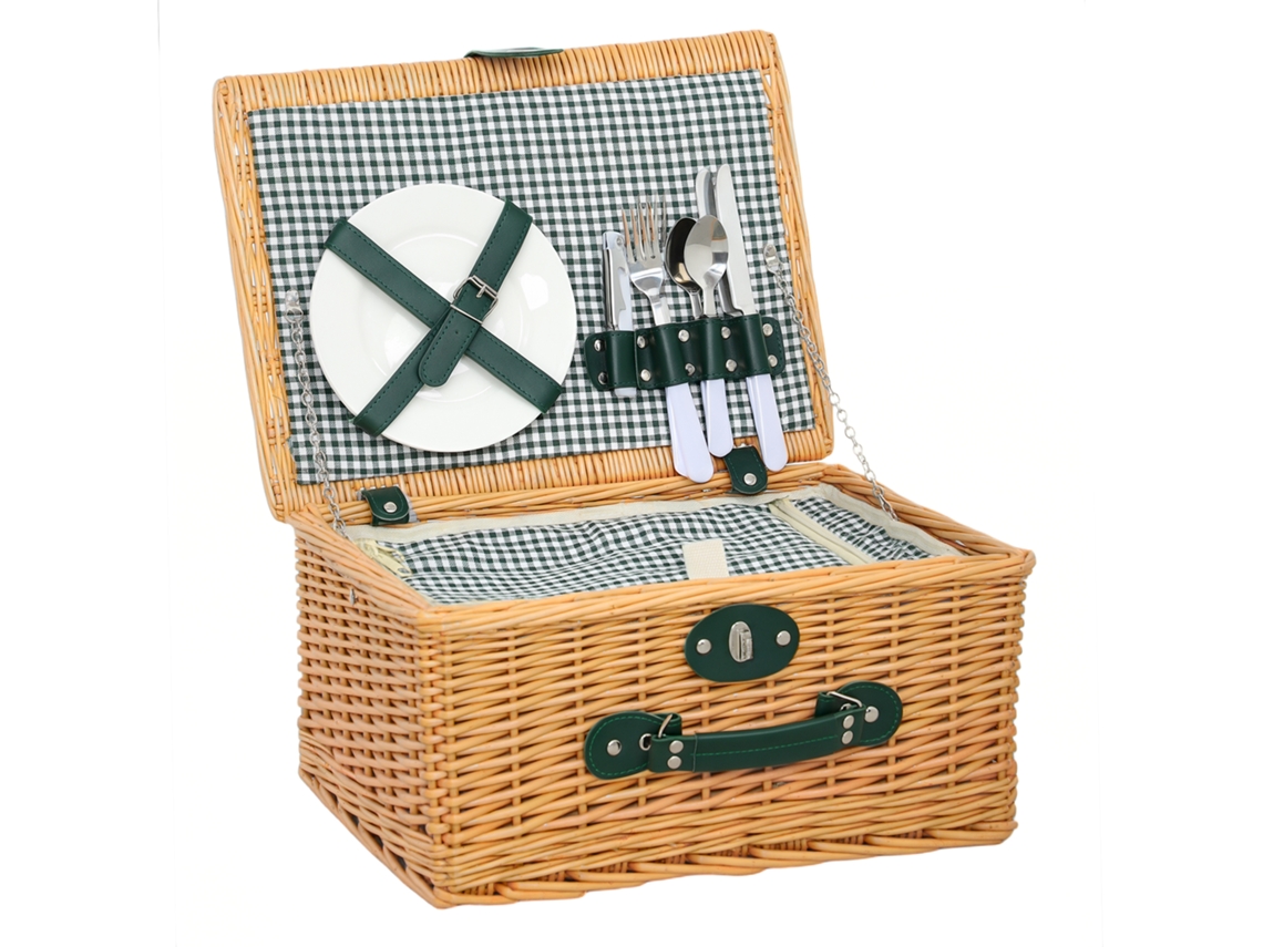 Cesta térmica de madera de sauce para picnic para 2 personas con cubiertos de color marrón claro.