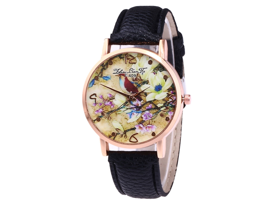 Reloj De Pulsera De Cuarzo Zhoulianfa Con Correa De Pu Y Estampado De Flores Y Pájaros (negro)
