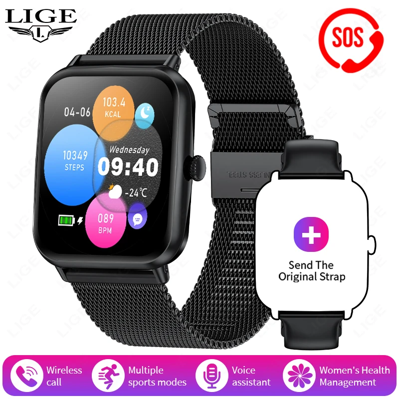 Reloj Inteligente (negro, Correa De Malla), Llamadas Bluetooth, Monitorización De La Salud, Compatible Con Android E Ios.