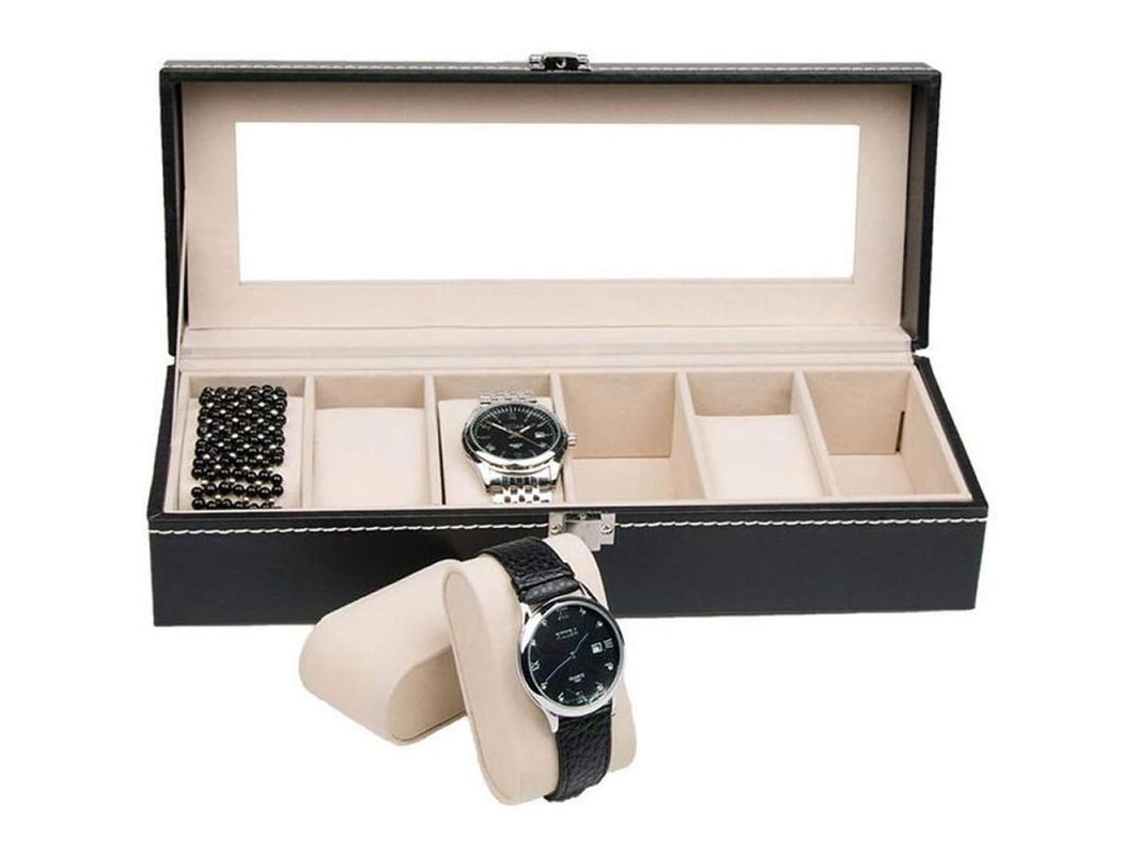 Caja Para Relojes De Cuero Negro Con 6 Compartimentos Para Un Almacenamiento Y Exhibición Organizados.