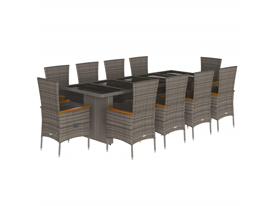 Juego de 11 piezas de comedor de jardín con cojines de mimbre, patas grises, EXCLUSIVA MAISON