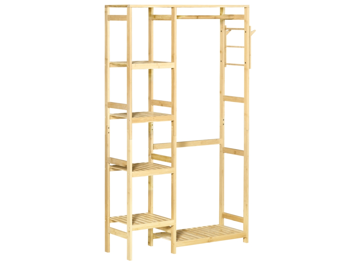 Perchero de bambú con 4 estantes, estante inferior y percha lateral, 90x30x155cm, Madera