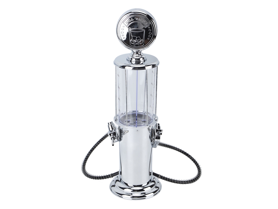 Dispensador de cerveza y licores con forma de gasolinera, recipiente con dos boquillas para bebidas.