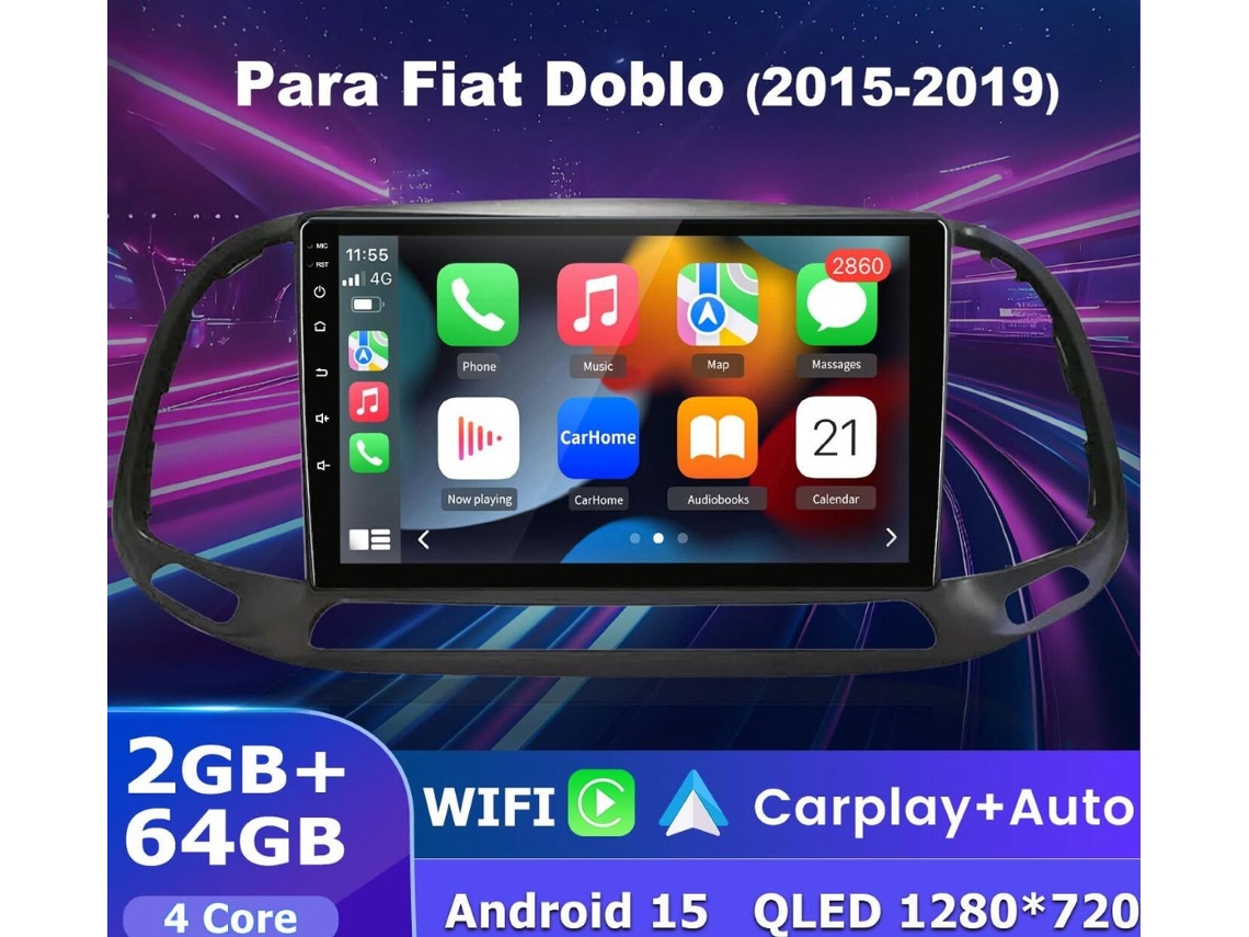 Gps Rádio Android Automóvel V1 Para Fiat Doblo 2015‑2019 Android 15 Conexão Sem Fios 64gb Bt