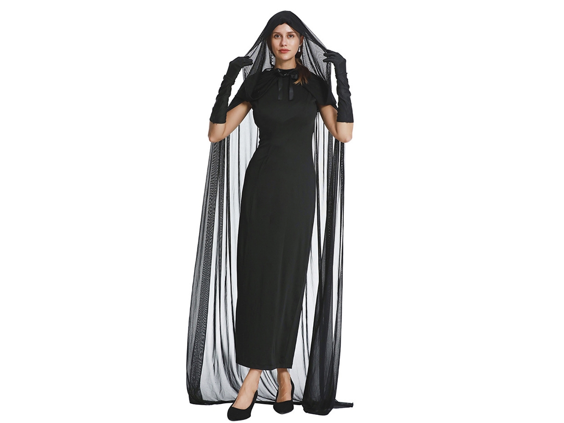 Conjunto de vestido de bruja de Halloween - Capa larga con guantes y velo negro para mujer NEVEANCE