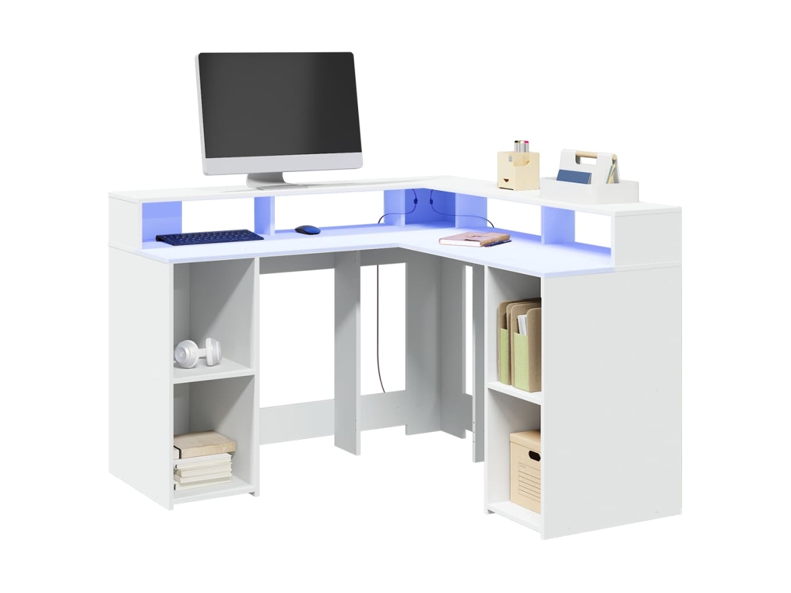Escritorio con luz LED madera ingeniería blanco 130x130x91 cm