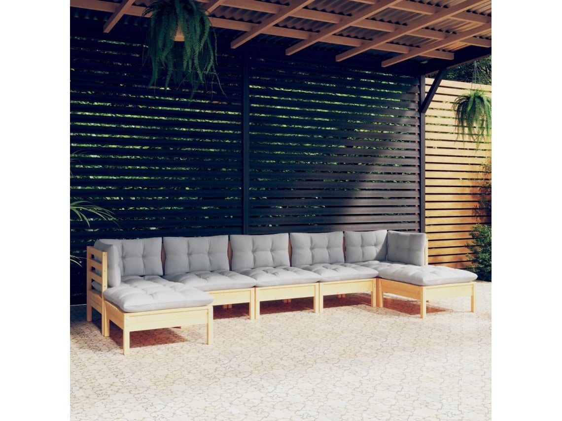 7 Piezas Conjunto Lounge De Jardim C/ Almofadões Cinzentos Pinho Dkd Home Decor