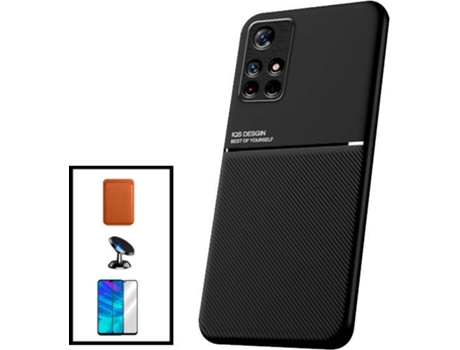 Kit Funda Magnetic Lux, Magnetic Wallet Márron, 5D Full Cover y Soporte Magnético de Coche Xiaomi Poco M4 Pro 5G PHONECARE Negro