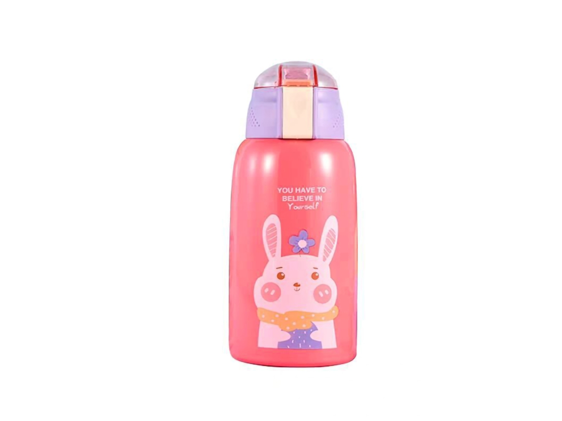 Taza Térmica Infantil De 600 Ml, Acero Inoxidable 316, Doble Tapa, Pajita De Silicona, Indicador De Temperatura, Color Rosa.