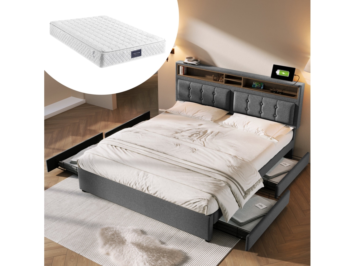 Cama Doble 160x200 Cm - Con 4 Cajones, Toma Usb C, Cabecero Ajustable, Somier De Láminas De Madera - Beige
