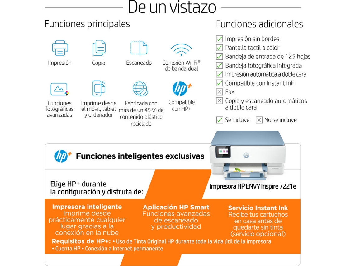 Impresora HP Envy Inspire 7221E (Multifunción - Inyección de Tinta - Wi-Fi - Bluetooth - Instant Ink)
