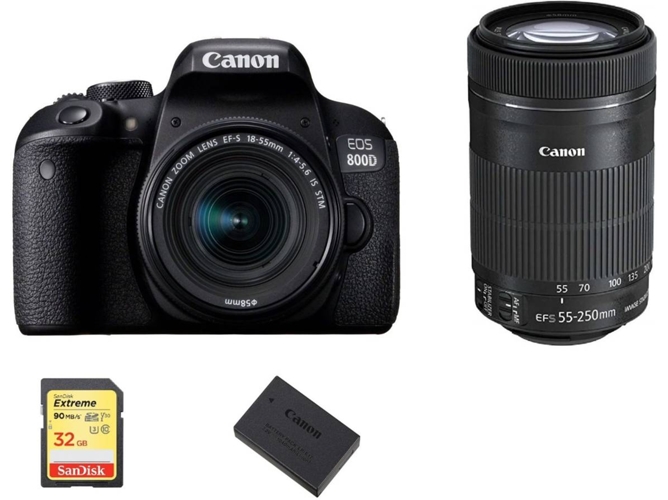 Kit Cámara Réflex CANON EOS 800D EF-S 18-55mm F4-5.6 IS STM + EF-S 55-250mm F4-5.6 IS STM + SD de 32GB + LP-E17