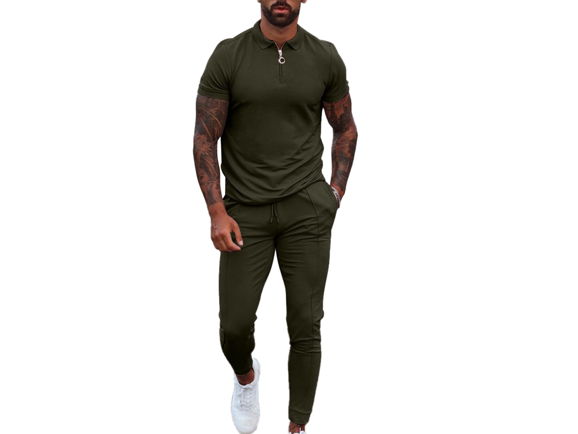 Traje De Hombre Informal, Cuello Bajo, Manga Corta, Pantalón Largo, Verde, Talla L