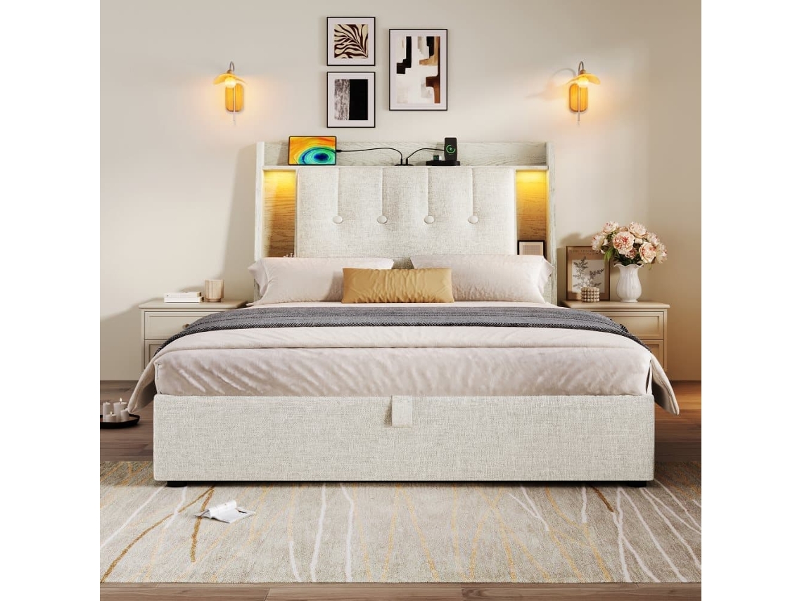 Cama Tapizada 90x200 Cm - Con Carga Usb Tipo-c, Almacenamiento Multifuncional, Led, Beige