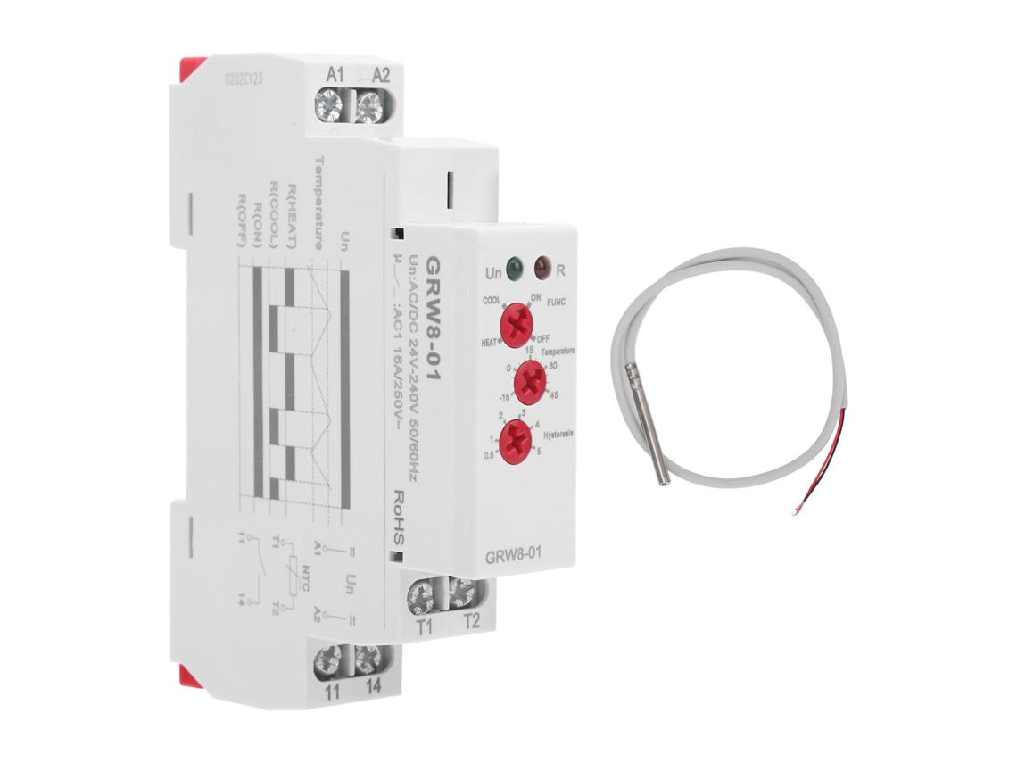 Relé de control de temperatura GRW8-01 con sonda e indicador LED para monitoreo de temperatura alta/baja