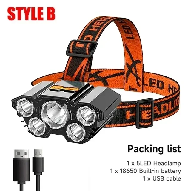 Linterna frontal LED superbrillante de 5 luces, recargable por USB, ideal para pesca, camping y exteriores. Aeuzwr