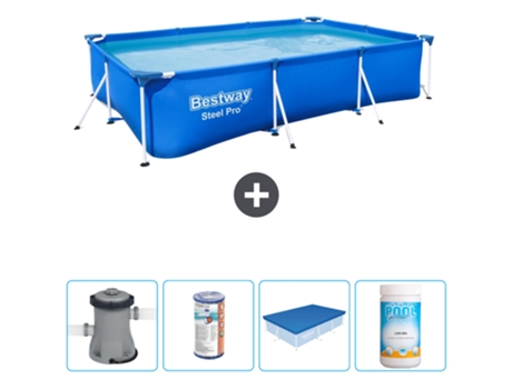 Piscina BESTWAY rectangular Steel Pro - 300 x 201 x 66 cm - Azul - Bomba incluida Filtrar - Cubrir - Cloro