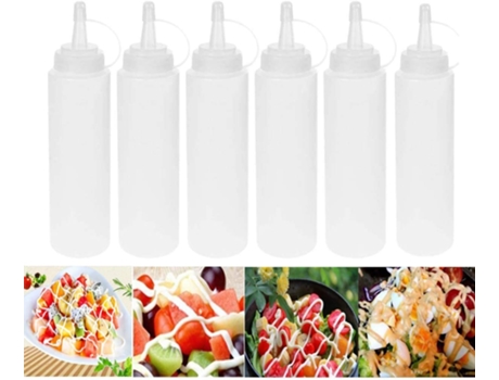 Paquete de 6 botellas de plástico para salsa con tapón, para ketchup, mostaza, mayonesa, aceite de oliva, barbacoa, sin BPA, 230 ml, blanco. VOINEE