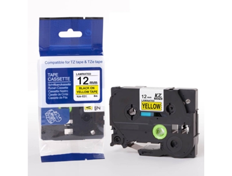Cinta de etiquetas compatible con la impresora Brother P-Touch (Negro sobre amarillo - 12 Mm)
