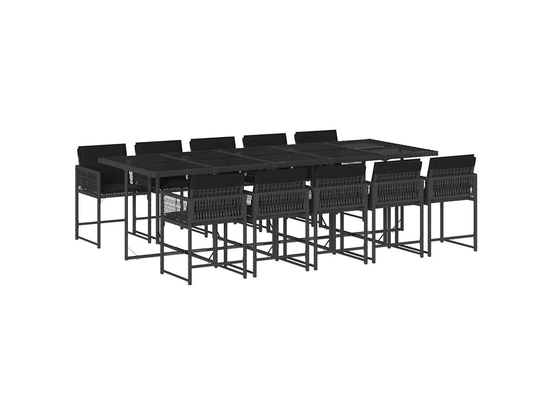 Juego de 11 piezas de comedor de jardín con cojines de mimbre, color negro, EXCLUSIVA DE LA CASA