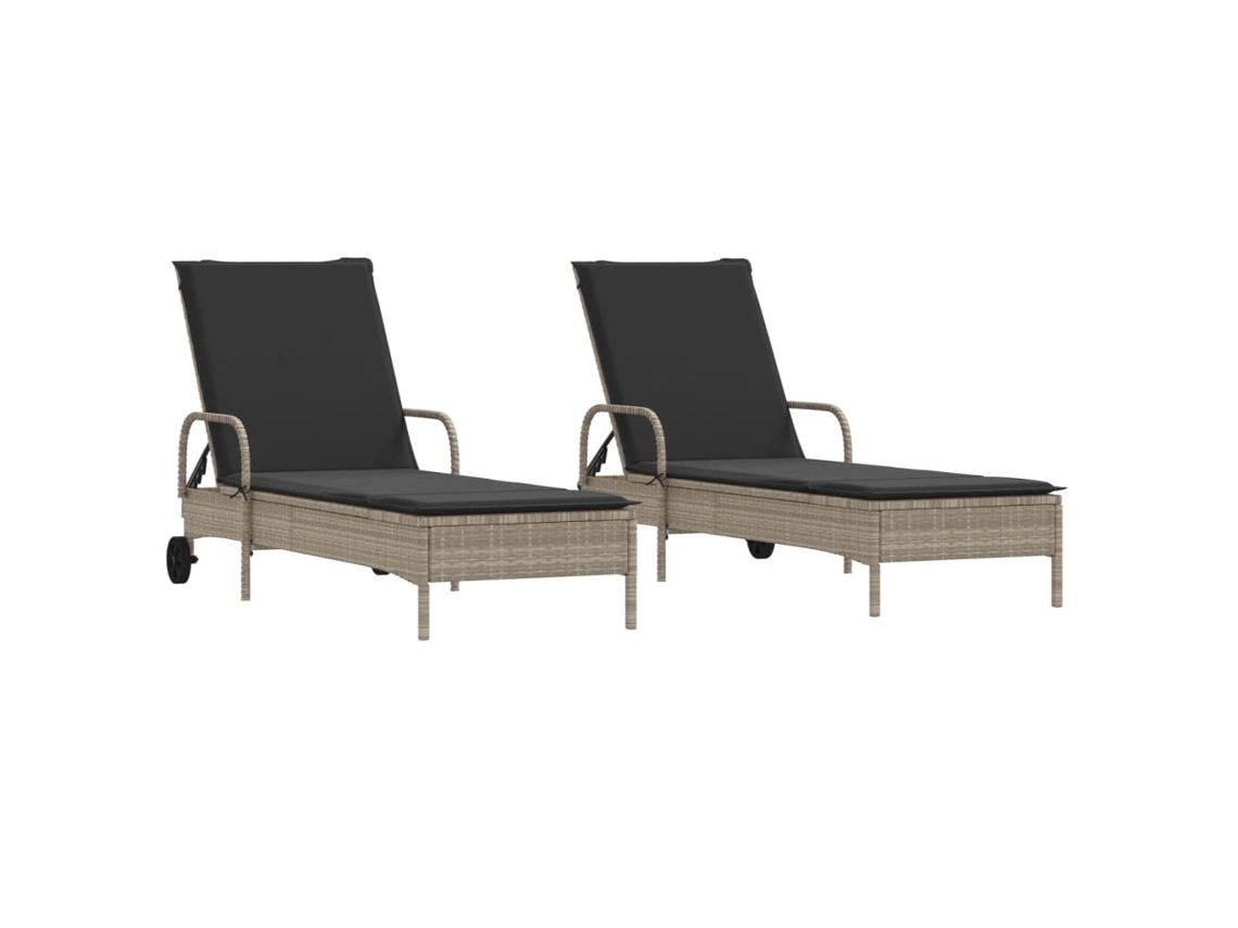 Conjunto de chaise longue de mimbre de 2 piezas con cojines, gris claro, EXCLUSIVO DE LA CASA