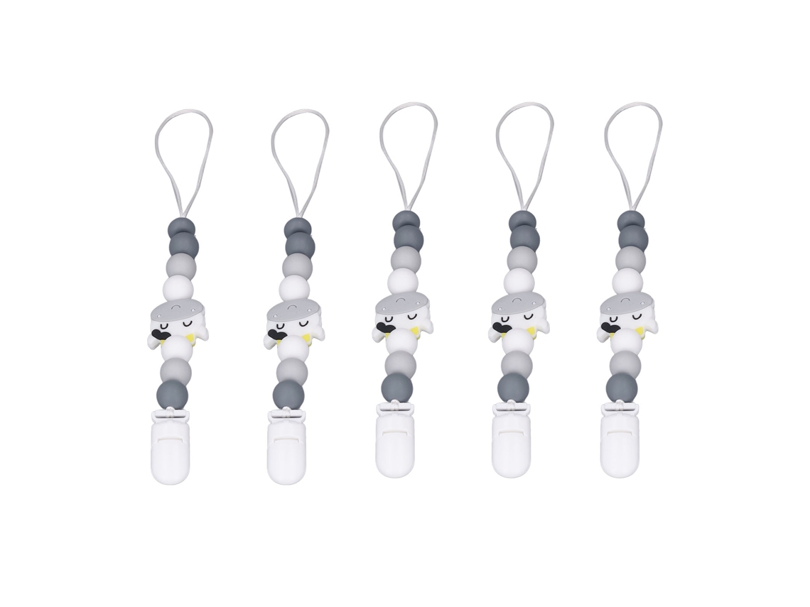 Cadena Para Chupete De Bebé (5 Unidades), Silicona De Grado Alimenticio, Suave, Anticaída, Color Gris.