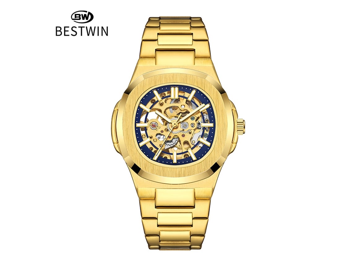 Reloj Mecánico Luminoso De Doble Cara Con Esqueleto Para Hombre (dorado Y Azul)