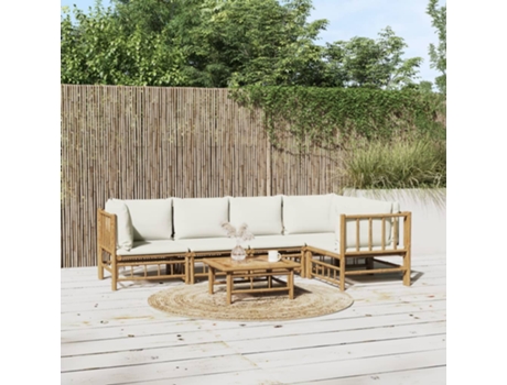 Conjunto 6 de muebles de jardín VIDAXL bambú y cojines blanco crema