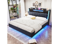 Cama Suspendida De Lino Gris De 140x200 Cm Con Cabecero Y Espacio De Almacenamiento, Diseño Moderno Para Adultos.