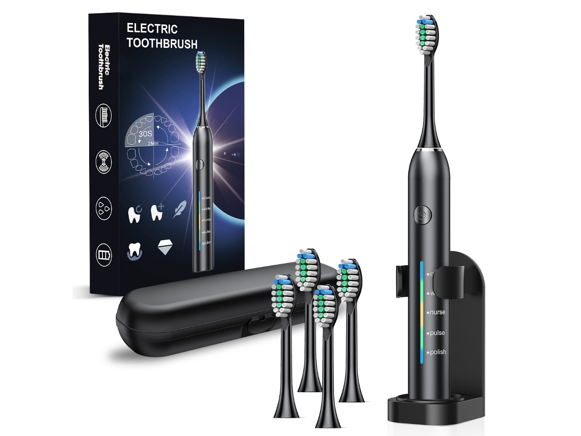 Cepillo De Dientes Eléctrico Con Vibración Sónica, 5 Modos, Carga Usb, Con 4 Cabezales + 1 Soporte + 1 Estuche. Negro Czhhmart