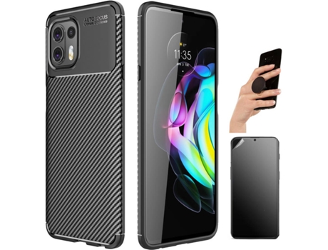 Kit Funda, Protector de Pantalla y Popsocket Motorola Edge 20 Lite Rugged Carbon Negro