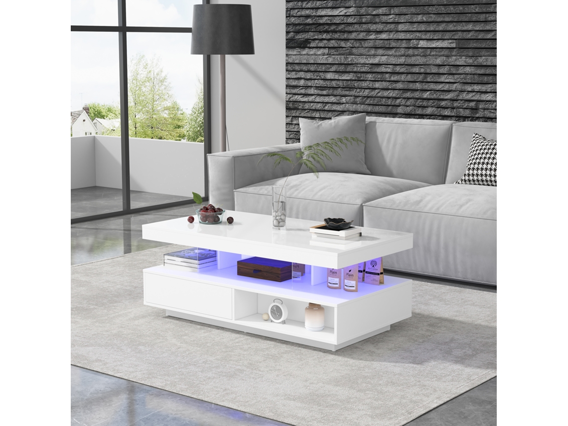 Mesa de centro con LED, 1 cajón y compartimentos abiertos, estilo moderno, color blanco