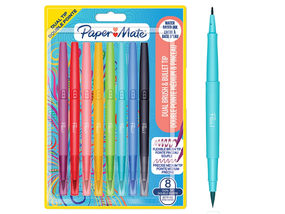PAPERMATE Rotulador Doble Punta Flair Punta Pincel y Punta Media de 0,7 Mm 8 Colores Surtidos