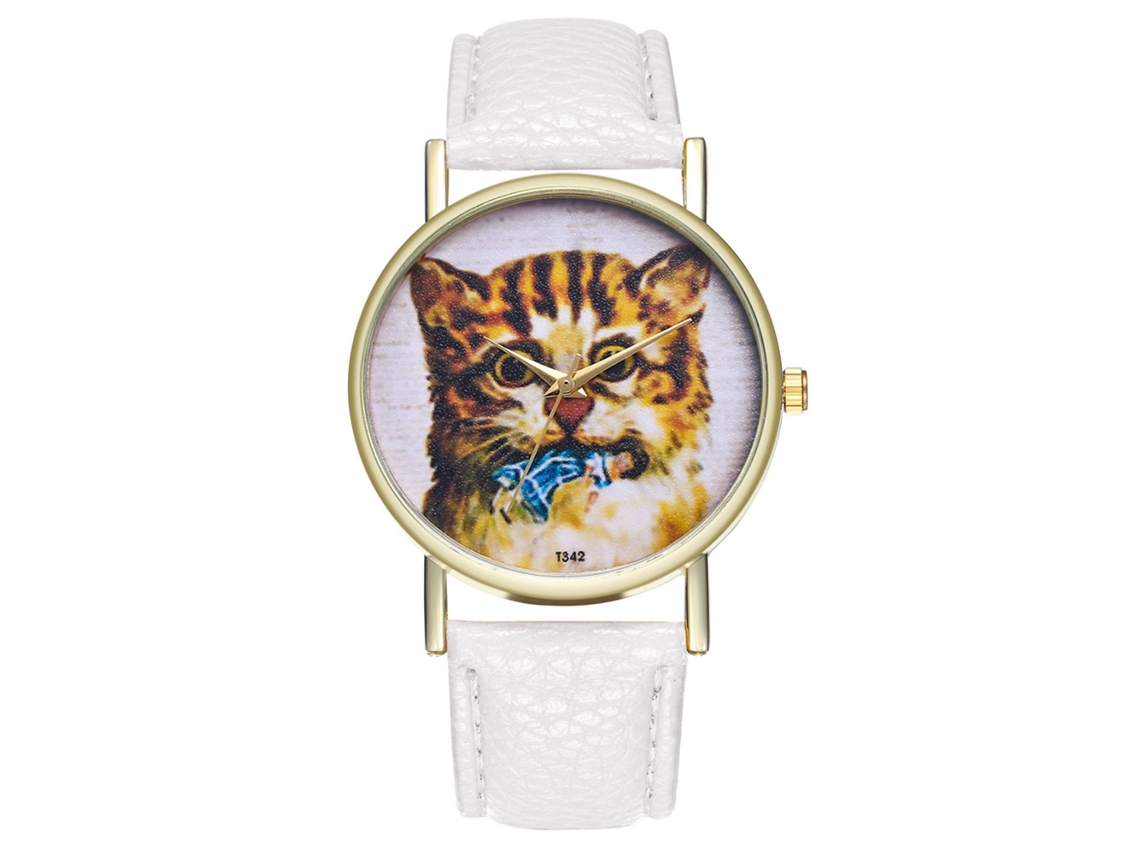 Reloj De Pulsera Para Mujer Zhoulianfa, Con Elegante Estampado De Gato Y Correa De Piel Sintética Blanca.