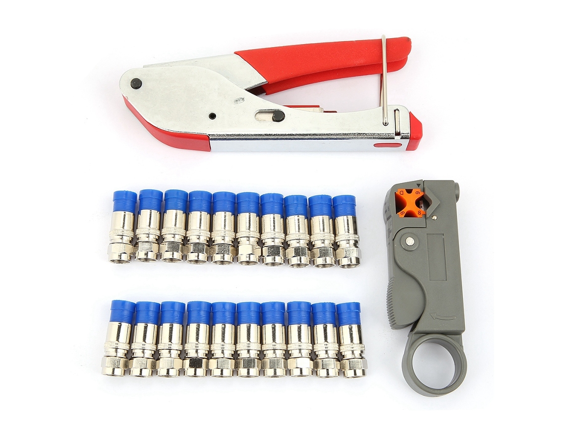 Herramienta Para Pelar Y Crimpar Cables Coaxiales Con 20 Conectores Rg6 F.