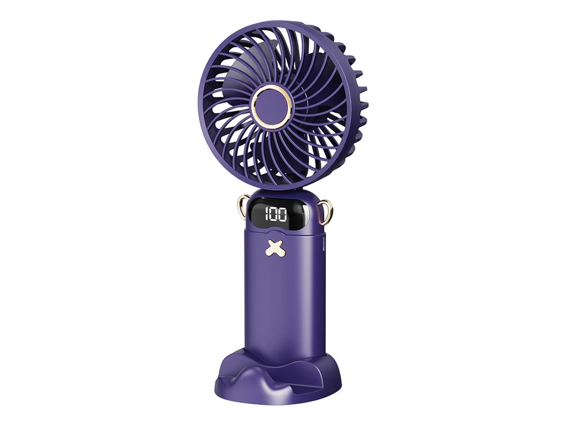 Ventilador portátil Digitallab plegable a 90°, 5 velocidades, pantalla digital y soporte, ultrasilencioso (morado)