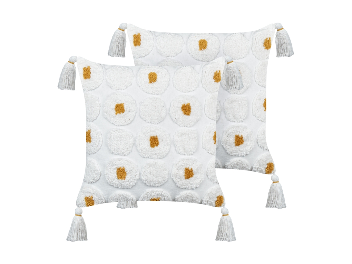 Lote de 2 cojines con detalles amarillos BELIANI Azalia de Algodón Blanco 45x45x4