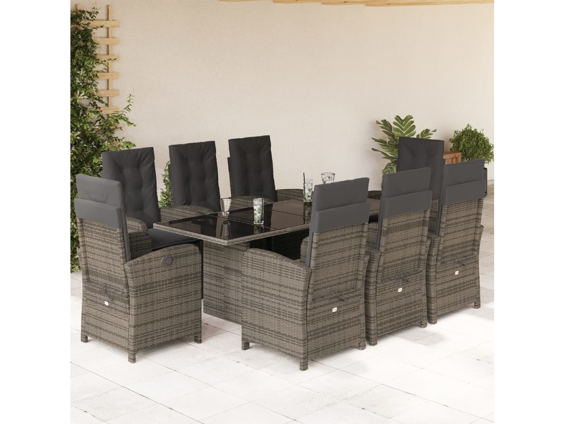 Conjunto de comedor de jardín DKD Home Decor de 9 piezas con cojines, ratán gris