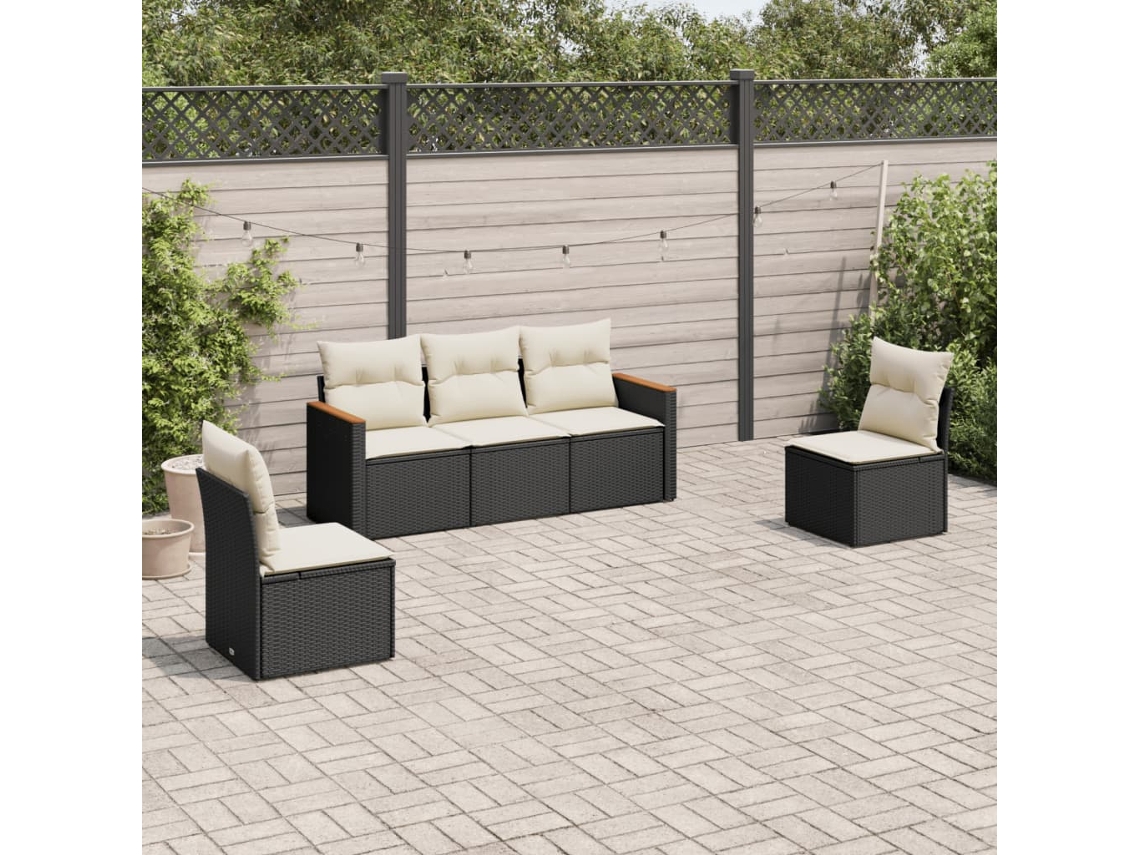 Conjunto de sofá de jardín de 5 piezas con cojines de mimbre sintético negro, Dkd Home Decor