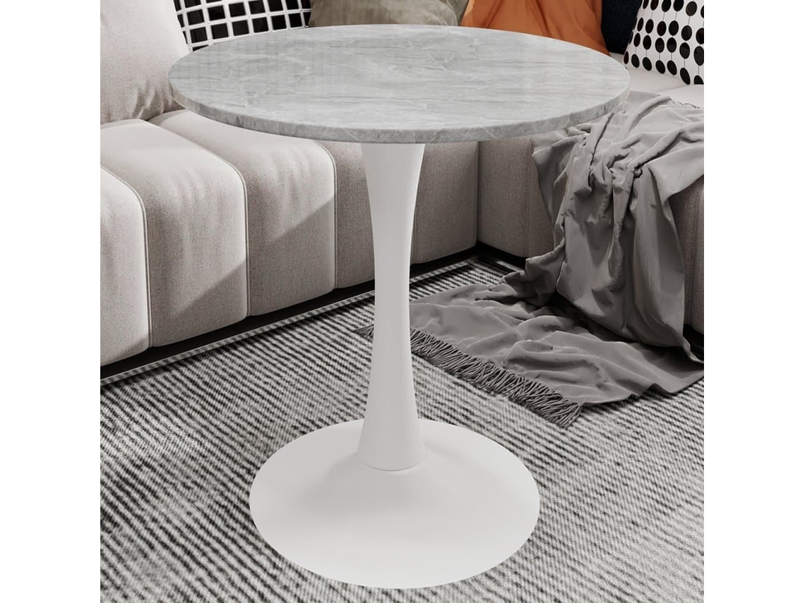 Mesa De Centro 70 Cm - Estilo Moderno Vintage, Tablero Redondo De Mármol Gris Claro, Blanco
