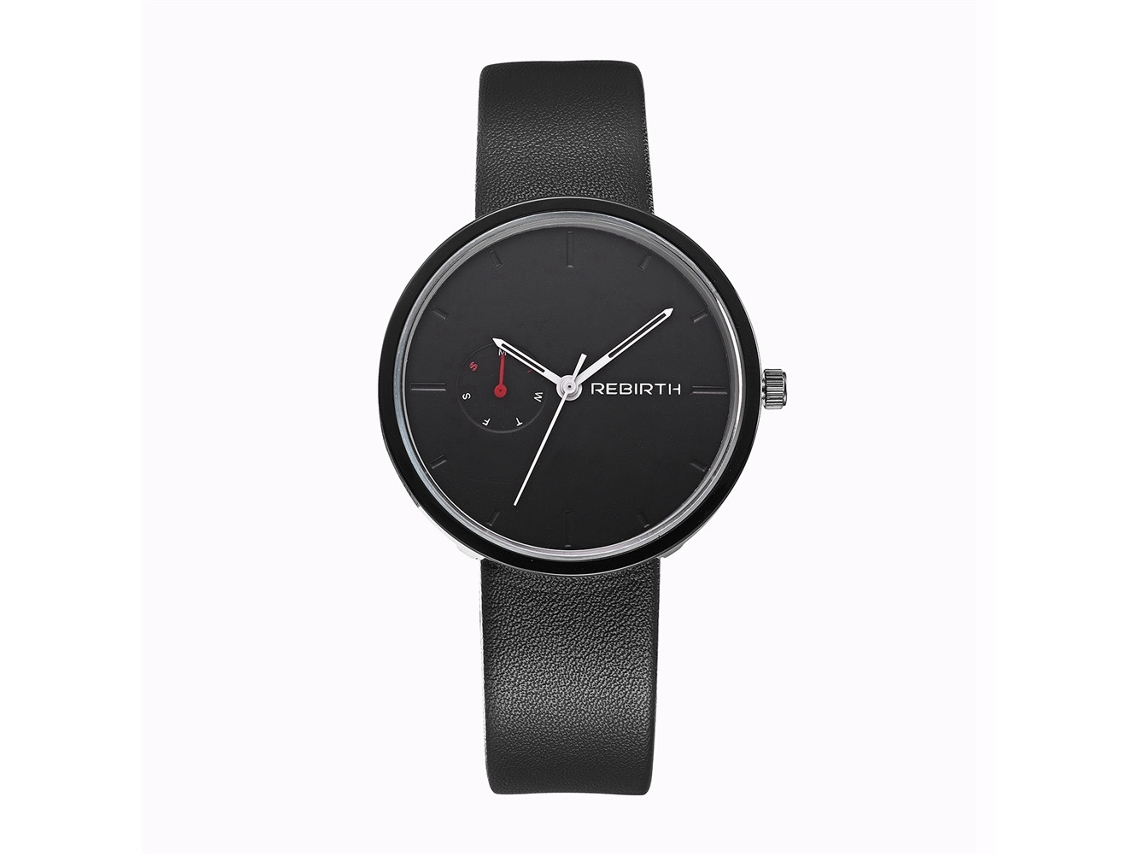 Reloj De Pulsera Unisex De Cuarzo, Redondo, Esfera Blanca, Correa Negra, Estilo Casual, Rebirth