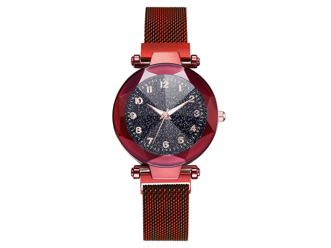 Reloj De Cuarzo Para Mujer Con Correa De Malla Y Botón Magnético, Esfera Redonda (rojo)