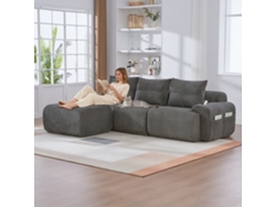 Sofá Modular De Pana 3 Plazas Con Otomanas Y Portavasos, Color Gris Oscuro