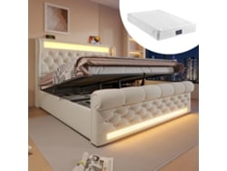Cama Doble De 140x200 Cm, Terciopelo Beige, Led, Usb-c, Sistema Hidráulico Y Colchón Incluido.