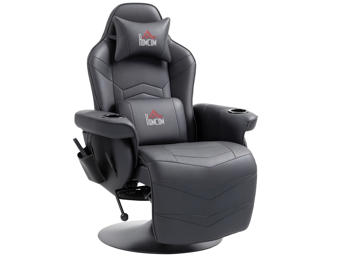 Silla gaming con masaje, reposapiés reclinable, capacidad de 120 kg, piel sintética negra.